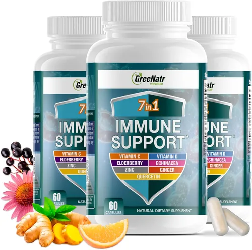 GreeNatr Suplemento de apoyo inmunológico con vitamina C, D3, cinc 50 mg, quercetina, equinácea purpurea, sambucus saúco y jengibre para una defensa