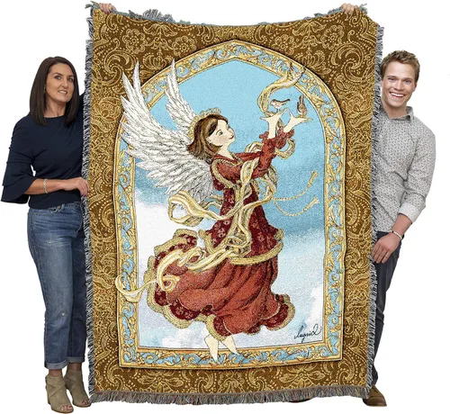 Miniatura 10 de Pure Country Weavers Angelic Trio - Manta con diseño de tres ángeles tocando música, manta cuadrada para regalo, tejida de algodón, fabricada