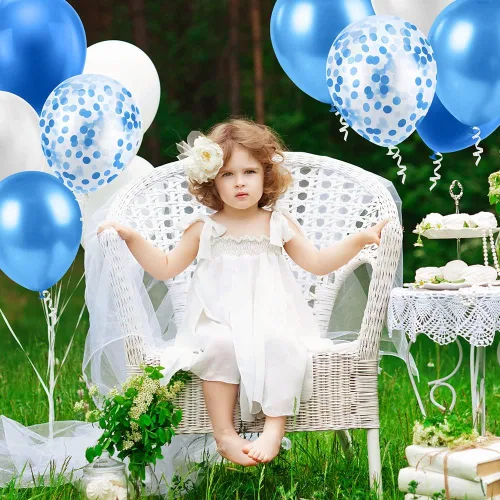 Miniatura 7 de Ainiv 15 globos de fiesta gruesos azules con cinta y confeti, globos metálicos de látex para baby showers, bodas, graduaciones y cumpleaños