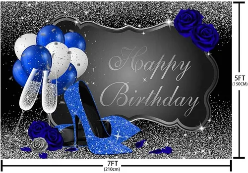 Miniatura 4 de MEHOFOND Telón de fondo de cumpleaños plateado y azul con purpurina para mujer, decoración de fiesta de cumpleaños, pancarta de tacón azul real