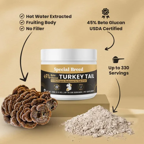 Miniatura 4 de Hongo orgánico de cola de pavo para perros y gatos, 45% beta glucano estandarizado, cuerpo fructífero extraído de agua caliente, probado por