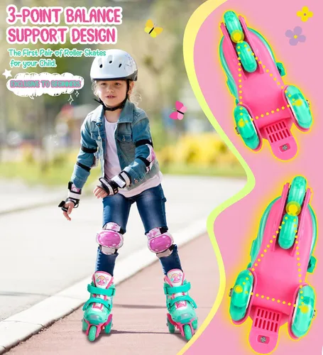 Miniatura 5 de Patines de ruedas ajustables para niños, niñas y señoras con ruedas que se iluminan con flash (edad 3-9), equilibrio de tres puntos, empaque de caja