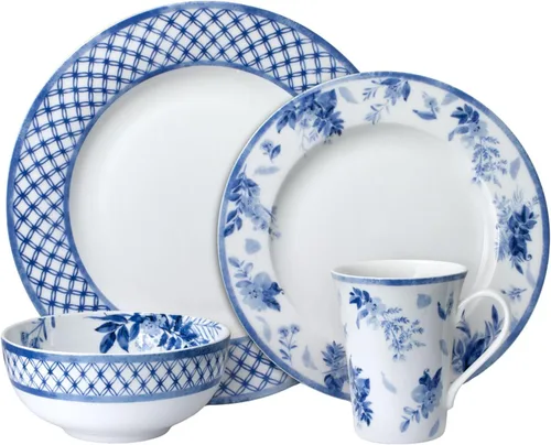 Miniatura 2 de Mikasa Kiley Bone China - Juego de vajilla ligera de 16 piezas resistente a las astillas, servicio para 4, azul y blanco
