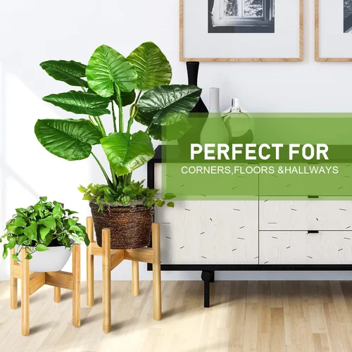 Miniatura 2 de Paquete de 2 soportes de bambú para plantas, soporte ajustable para plantas de interior, soporte moderno de mediados de siglo, soporte para plantas