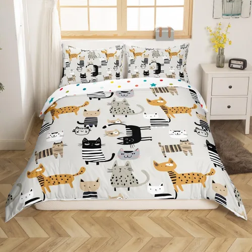 Miniatura 10 de Erosebridal Juego de funda de edredón con diseño de gato y fresa, tamaño individual, diseño de caricaturas, arcoíris, con temática de animales