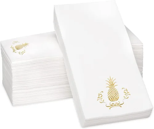 Servilletas de papel Airlaid con estampado de piña dorada, 1/6 pliegue de 12 x 17 pulgadas, toallas de mano desechables para invitados, absorbentes,