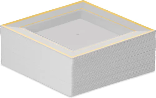 Miniatura 5 de BloominGoods Platos cuadrados desechables de plástico para postre, paquete de 50 platos cuadrados de 6.5 pulgadas, color blanco con borde dorado