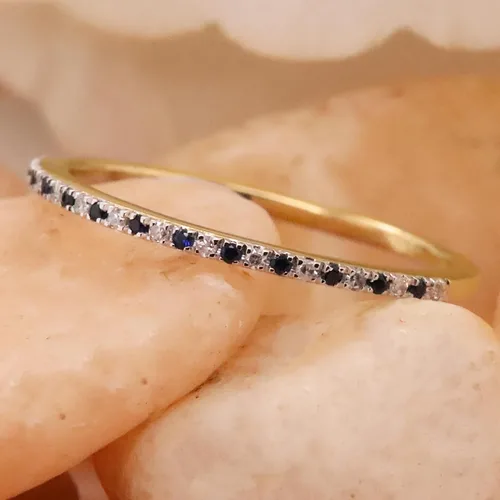 Miniatura 4 de Dazzlingrock Collection Anillo redondo de zafiro azul y diamante blanco de media eternidad para mujer en oro