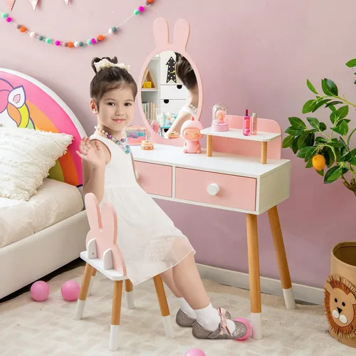 Miniatura 2 de GLACER Juego de mesa y silla para niños, juego de tocador patentado con silla, espejo extraíble, 2 cajones grandes, estante de almacenamiento