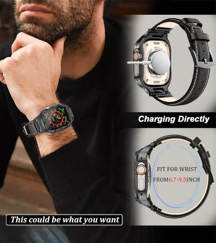 Miniatura 5 de Funda de acero inoxidable compatible con Apple Watch Ultra 2 correas para hombres de 1.929 in 1.772 in 1.732 in 1.654 in, correa de cuero genuino