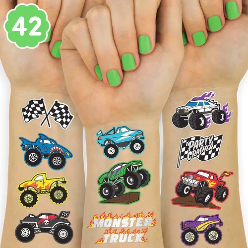 xo, Fetti Monster Truck Party Supplies - Tatuajes temporales - 42 estilos metálicos | Camiones, coches grandes, líneas de acabado + llamas