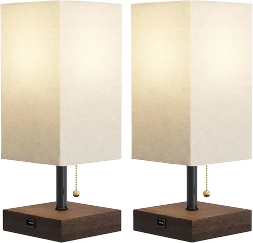 Miniatura 9 de Lavish Home Juego de lámpara de mesa pequeña con base de madera, juego de 2 luces rectangulares modernas con bombilla LED que incluye decoración