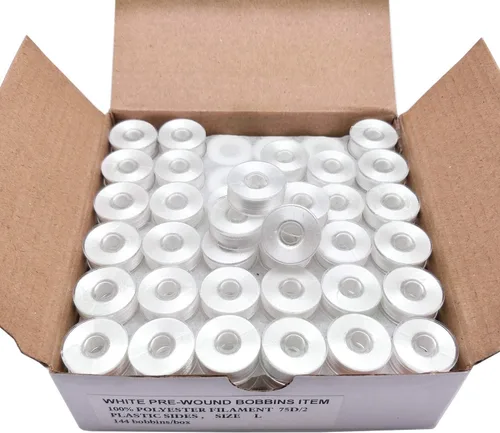 YEQIN Hilo de bobina preenrollado, lado de plástico, 144 piezas tipo L tamaño (SA155) hilo de poliéster blanco 75D/2, compatible con Babylock,