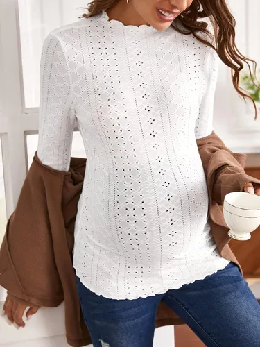 Miniatura 3 de SOLY HUX Camiseta de maternidad para mujer, cuello alto falso, ribete de volantes, color liso, manga larga, casual, camiseta