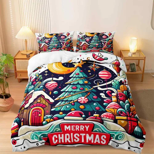 Miniatura 32 de Herside Juego de funda de edredón de Navidad, tamaño Queen, colorido patrón navideño impreso, bonita decoración navideña, microfibra suave, funda