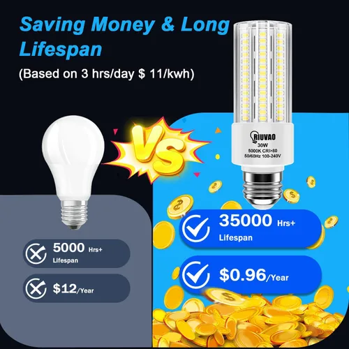 Miniatura 3 de RIUVAO Paquete de 2 bombillas LED, equivalente a 250 W, 30 W, 3750 lúmenes, súper brillante, 5000 K, luz blanca fría, bombilla LED E26/E27, base