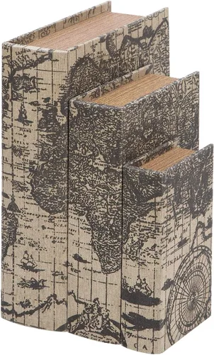 Deco 79 Caja decorativa de madera con forma de libro de imitación con cubierta de mapa del mundo, juego de 3 cajas decorativas de recuerdo de 14