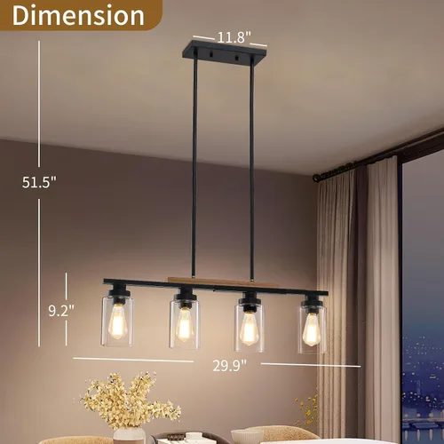 Miniatura 2 de Lámpara de comedor sobre mesa, iluminación de isla de cocina de 4 luces, modernos candelabros de madera para comedor con altura ajustable, luces
