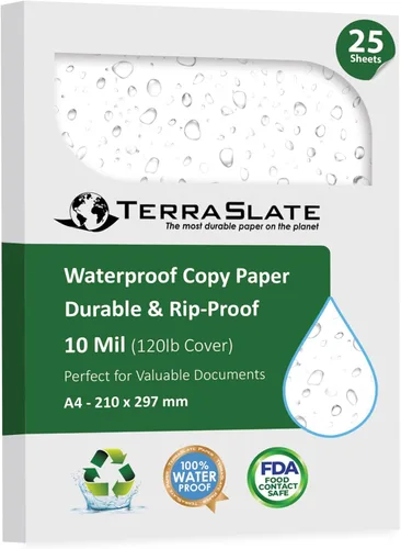 TerraSlate Papel para impresora impermeable y a prueba de rasgaduras, 10 milésimas de pulgada de diámetro, A4 8.268 x 11.693 in, papel blanco, (25