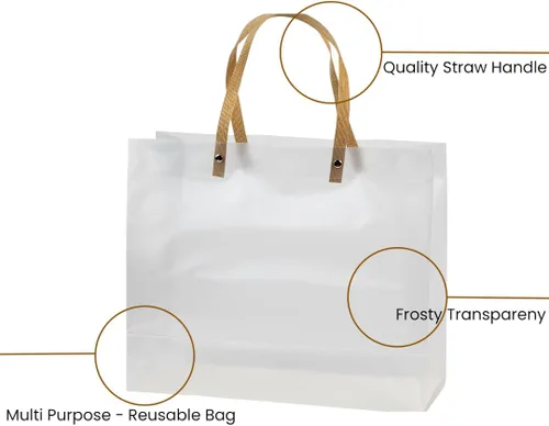 Miniatura 4 de Hammont Bolsas de regalo transparentes esmeriladas – Paquete de 10 – Bolsas reutilizables de plástico con mango de paja marrón – 9.75 x 11.75 x 4.5