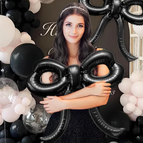 Miniatura 5 de 2 piezas de decoraciones de cumpleaños con lazo, globos de lazo negro, decoraciones de fiesta con lazo, globo gigante de papel de aluminio