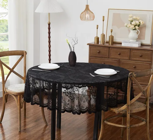ASATEX Mantel de encaje redondo negro de 36 pulgadas. El patrón floral clásico y elegante es la elección ideal para cualquier comedor de lujo,