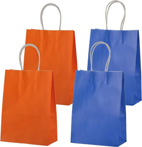 MISU Bolsas de papel para fiesta, bolsas de regalo de papel kraft con asa, pequeñas, 8.3 x 5.9 x 3.2 pulgadas, paquete de 16 unidades (naranja, azul)