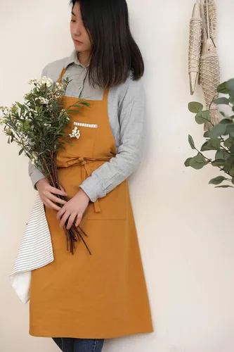 Miniatura 4 de Delantal ajustable de lino de algodón suave estilo nórdico japonés con cuatro bolsillos una toalla Amarillo ámbar