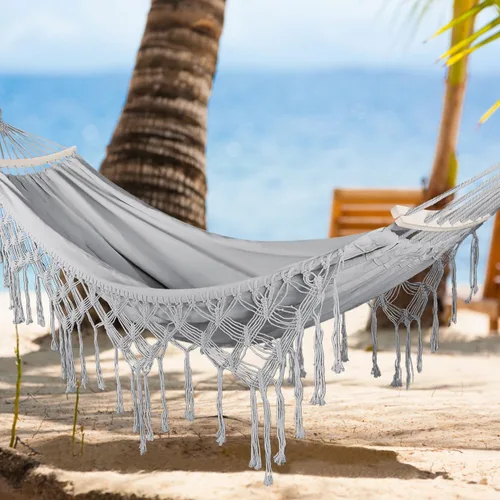 Miniatura 7 de MOSFiATA Hamaca para patio trasero con borlas de un máximo de 500 libras, tela de lona estilo bohemio con cuerda gruesa y bolsa de transporte