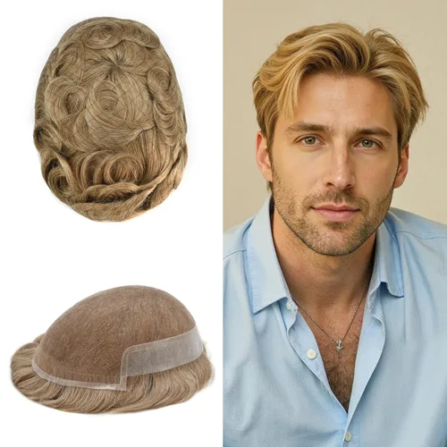 Miniatura 32 de LYRICAL HAIR Sistema de cabello humano con encaje frontal francés para hombres, tupé de piel de polietileno para hombres, línea capilar natural