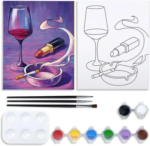 Kit de pintura sobre lienzo para adultos, lienzo predibujado para pintar, kit de pintura para recuerdos de fiesta, copa de vino, pintura lipstica,