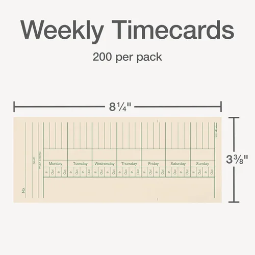 Miniatura 2 de Adams Tarjetas de tiempo, semanalmente, 2 caras, formato de horas extras, 3-3/8 pulgadas x 8-1/4 pulgadas, Manila, impresión verde/roja, 200