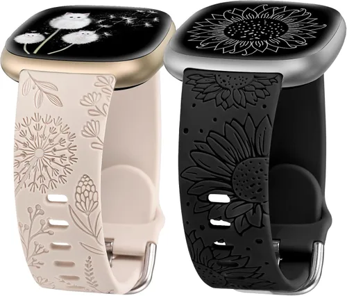 Miniatura 11 de Minyee Paquete de 2 correas grabadas florales compatibles con Fitbit Versa 4/Versa 3/Sense 2/Sense Band para mujer, lindo diseño de girasol