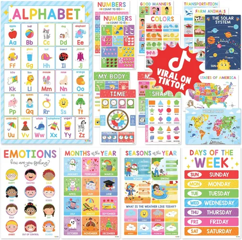 BEAWART 18 Pósteres educativos laminados para niños pequeños, pósteres preescolares para el aula, decoración mural de jardín de infantes, materiales