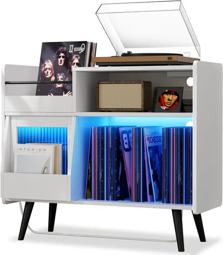 Miniatura 11 de Loomie Soporte grande para tocadiscos negro con toma de corriente y luz LED, gabinete de almacenamiento de discos de vinilo de hasta 350 álbumes