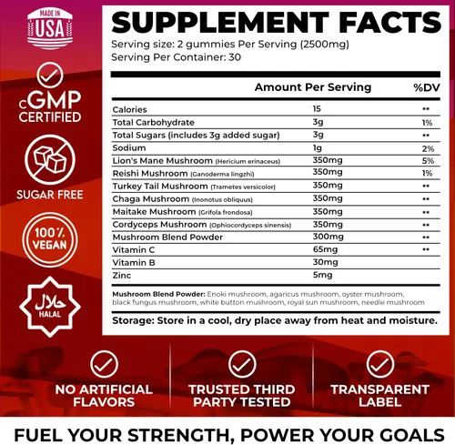 Miniatura 2 de Gomitas de hongos de 2500 mg, mezcla 10 en 1 con melena de león, cordyceps, cola de pavo, reishi, shiitake, chaga, maitake, zinc, vitamina C y B