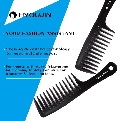 Miniatura 9 de HYOUJIN - Juego de dos peines grandes de dientes anchos, peines desenredantes para ducha, para cabello húmedo o seco, cepillo de peinado para Negro
