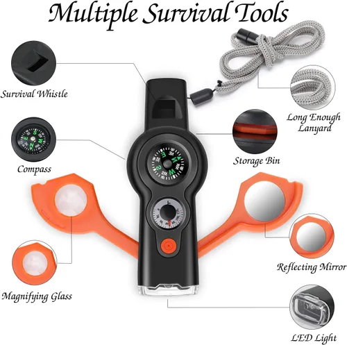 Miniatura 2 de Silbato con función de supervivencia de emergencia 7 en 1, silbato de seguridad multifuncional para exteriores con cordón, ideal para kayak