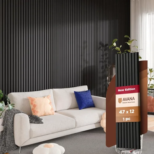Miniatura 22 de Avana Paneles de pared de madera acústica de 94.4 x 12.6 pulgadas, 2 piezas de paneles acústicos de roble negro, paneles de pared para decoración