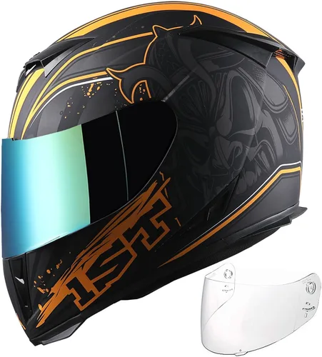Miniatura 2 de Casco integral para motocicleta 1Storm con diseño de cráneo rey en mate negro + una visera transparente extra: HJK311 Calavera Naranja