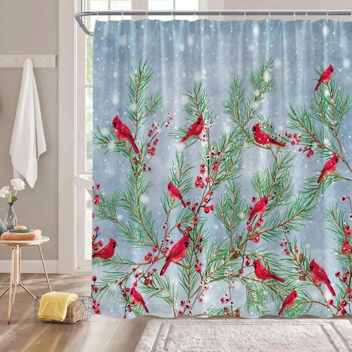 Miniatura 2 de Cortina de ducha pequeña, diseño de pájaro rojo de Navidad, ramas de pino, copo de nieve, vacaciones de invierno, festival de Navidad, azul