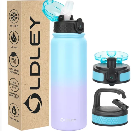 Miniatura 50 de Botella de agua aislada Oldley de 12 oz con pajita, botella de agua de acero inoxidable con 2 tapas, botellas de doble pared con vacío para adultos