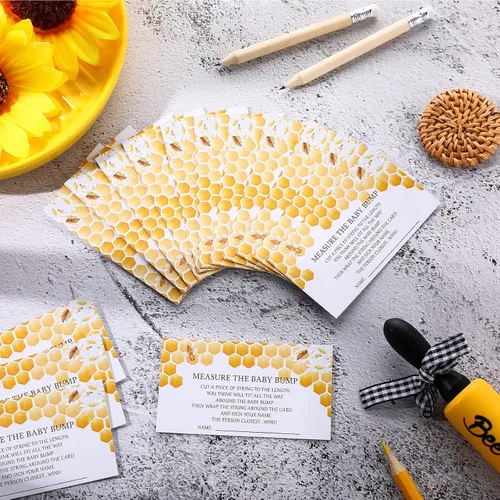 Miniatura 6 de Fumete Juego de 65 piezas para baby shower, incluye tema de panal, mide el letrero de la protuberancia del bebé, 50 tarjetas de adivinanzas, 10