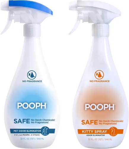 POOPH Eliminador de Olores para Mascotas y Desodorizante para Caja de Arena – Botellas de 2 x 32 onzas – Instantáneo, seguro, sin fragancia,
