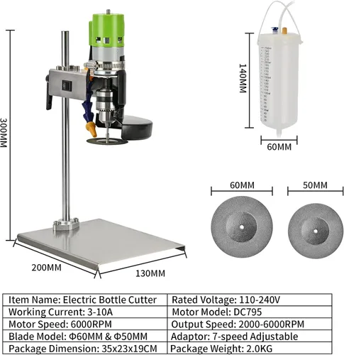 Miniatura 2 de DIYAREA Cortador eléctrico de botellas de vidrio de 150 W, 6000 rpm, cortador de botellas de vid DIY con 8 piezas de hoja abrasiva de esmeril