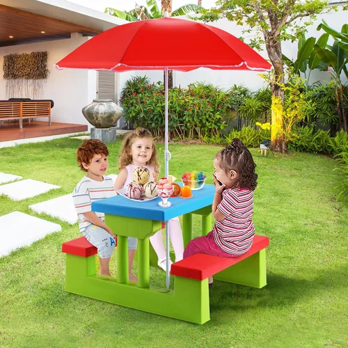 Miniatura 2 de KOTEK Juego de mesa de picnic para niños, mesa y banco para niños al aire libre con paraguas extraíble, muebles de plástico para niños, mesas