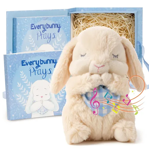 Tickle & Main Everybunny Prays - Conejo de peluche y juguete musical - Azul, 18 cm de peluche & Libro ilustrado, recita "Ahora me acuesto a dormir"