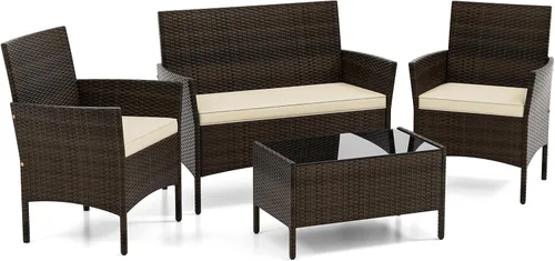 Miniatura 10 de DORTALA Juego de muebles de mimbre para patio, 4 piezas, mesa y sillas de ratán de polietileno para exteriores con mesa de centro de vidrio Naranja