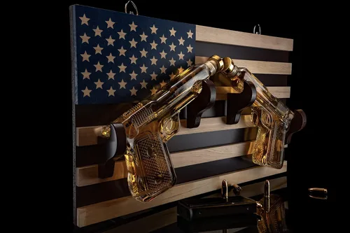 Miniatura 4 de The Wine Savant - Juego de 2 decantadores de whisky con pistola de 10.11 onzas líquidas en estante de pared con bandera estadounidense por The Wine