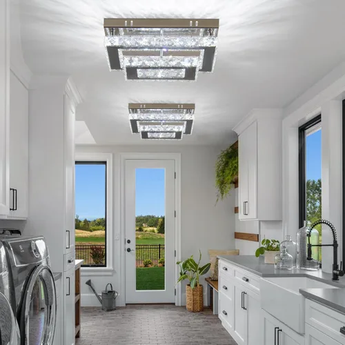 Miniatura 7 de Finktonglan Lámpara LED de techo empotrada de cristal, LED integrado de 24 W, luz blanca fría de 6500 K luz de día, cristal K9 rectangular y acero